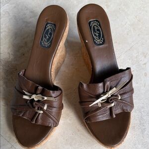 Salpy Brown Leather Cork Wedge Slide Sandals - Women's